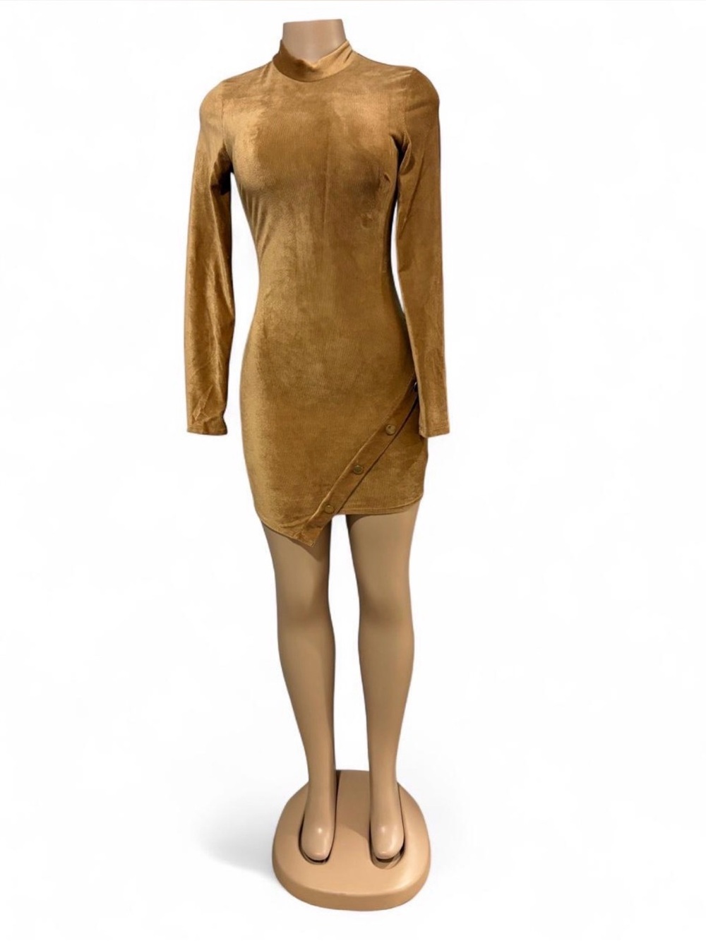 The Vintage Shop Asymmetrical Button-Trim Long Sleeve Dress in Camel Brown